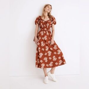 Madewell Sz XXS Orange White Floral Linen Sophia Smock Puff Sleeve Midi Dress
